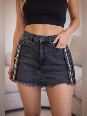 Free People Black Denim Skirt Beaded Embellished Frayed Hem High Rise Boho